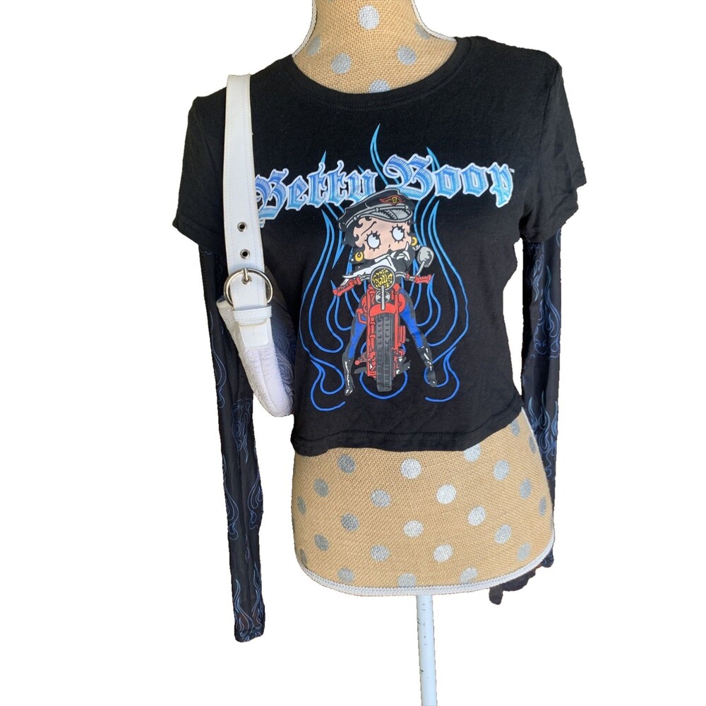 Betty Boop Y2K Cropped Layered Mesh Long Sleeve Graphic Moto Skater Large